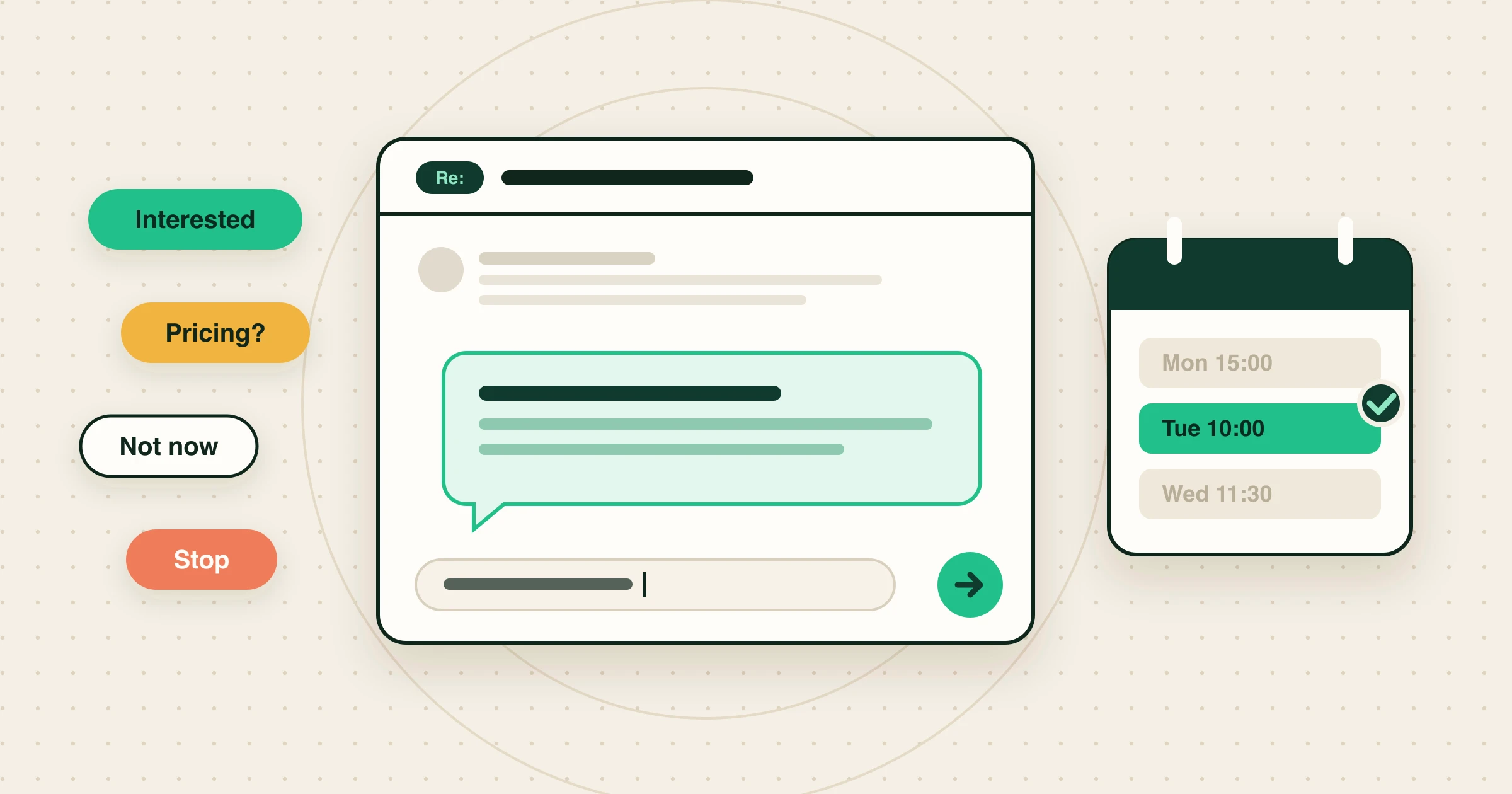 A cold email reply bubble surrounded by labels for different reply types, with a calendar slot booked.