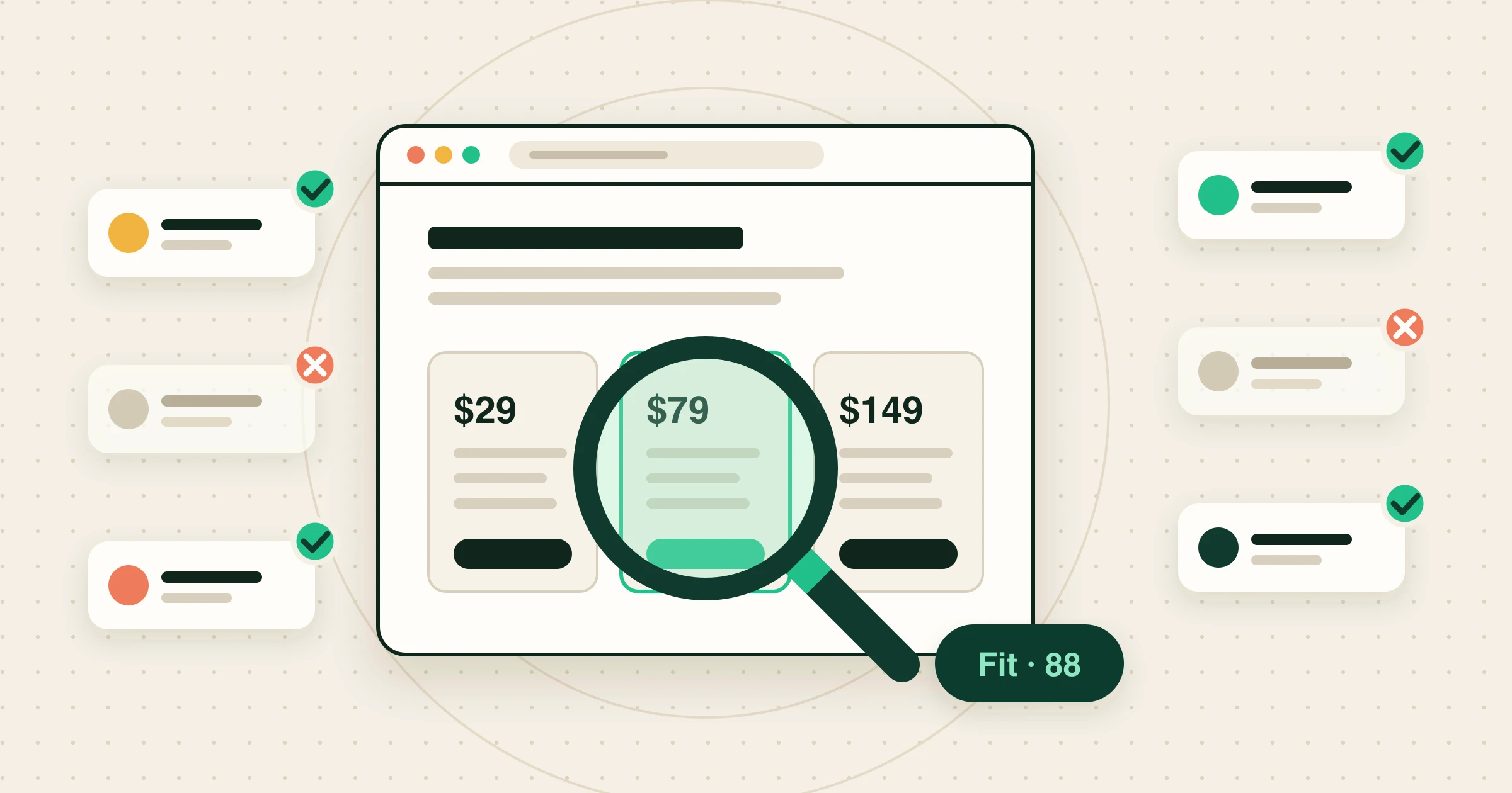 A magnifier over a company’s pricing page, surrounded by company cards marked as a fit or not a fit.