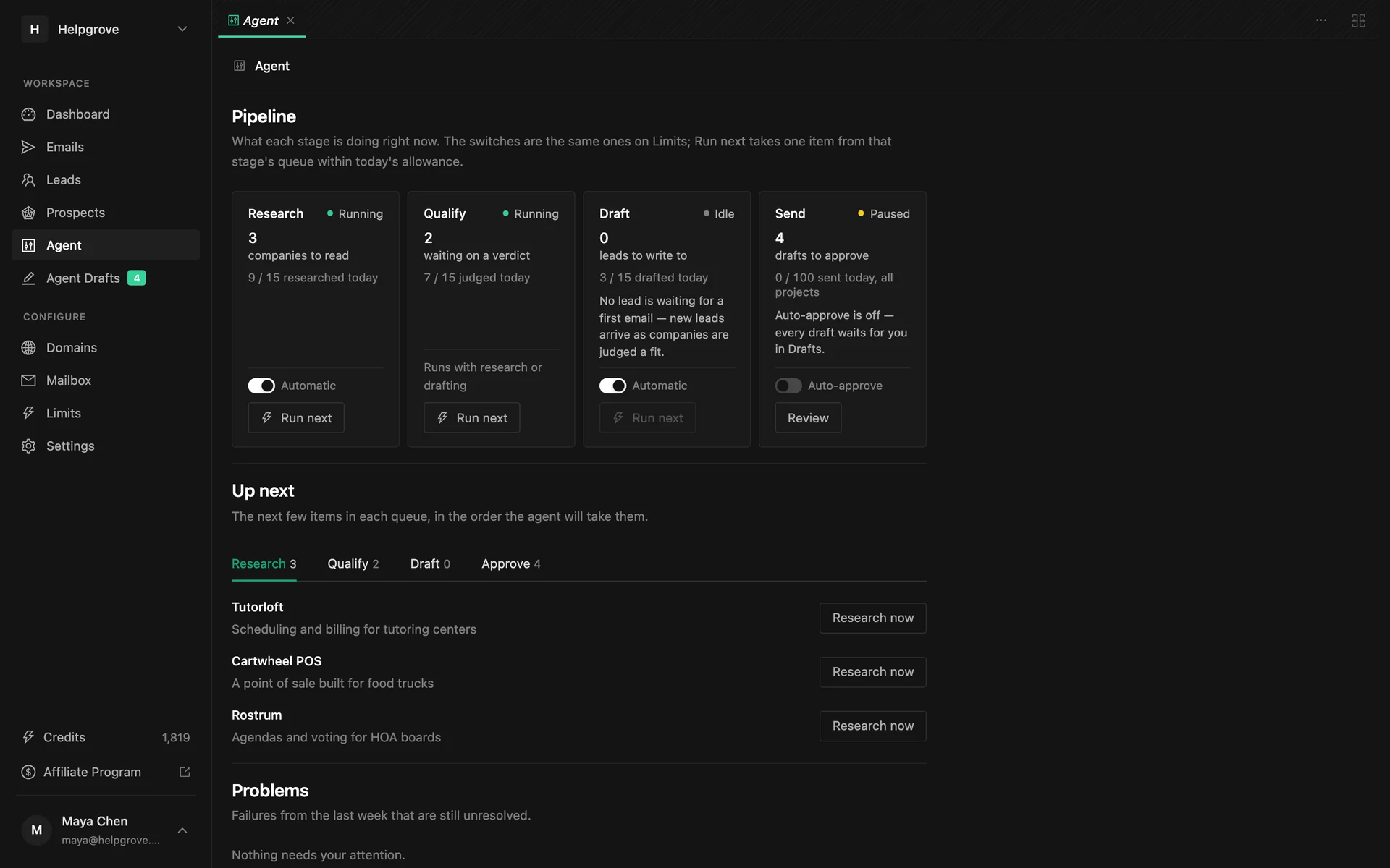 The PineLead Agent page: research, qualify, draft and send stages with auto-approve off