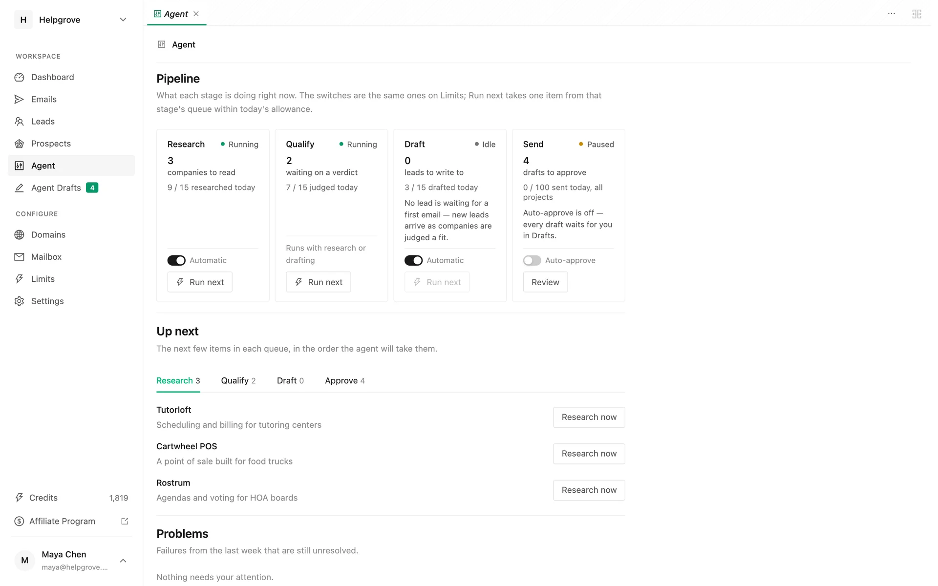 The PineLead Agent page: research, qualify, draft and send stages with auto-approve off