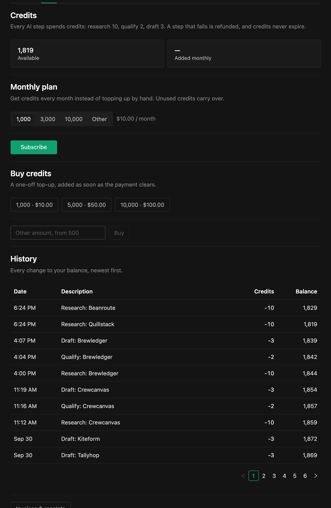 PineLead billing: credit balance, credit packs and a per-step usage history