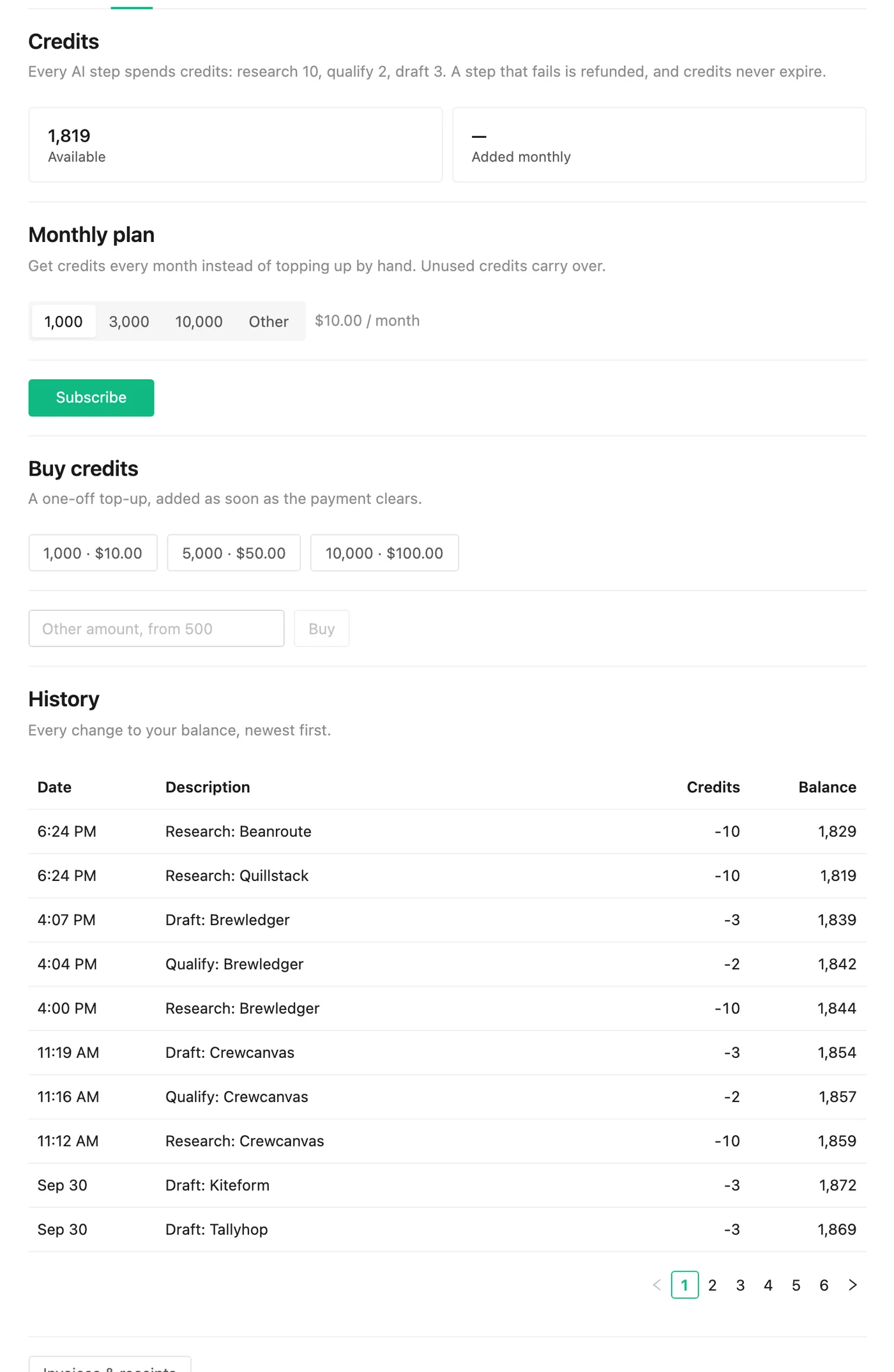 PineLead billing: credit balance, credit packs and a per-step usage history
