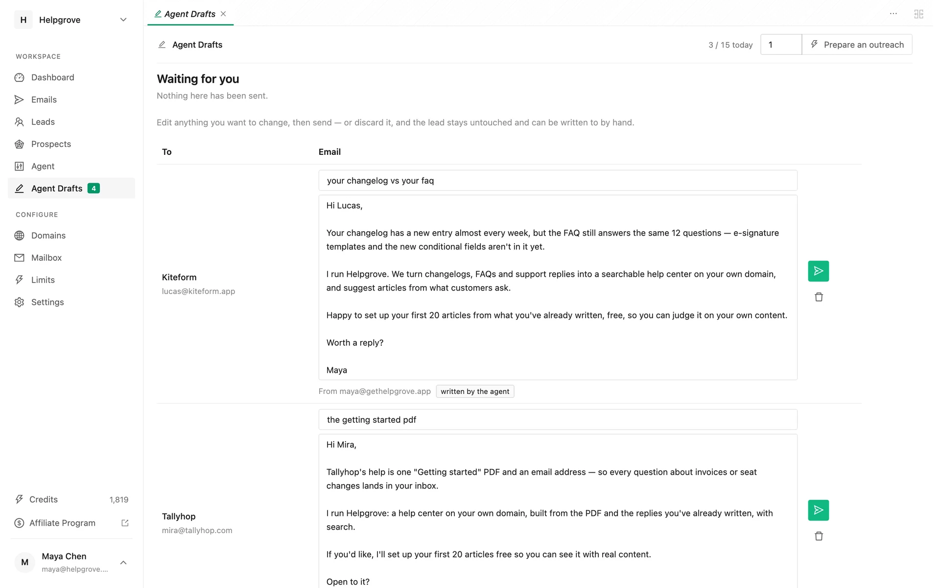 PineLead Agent Drafts: a researched first email waiting for approval