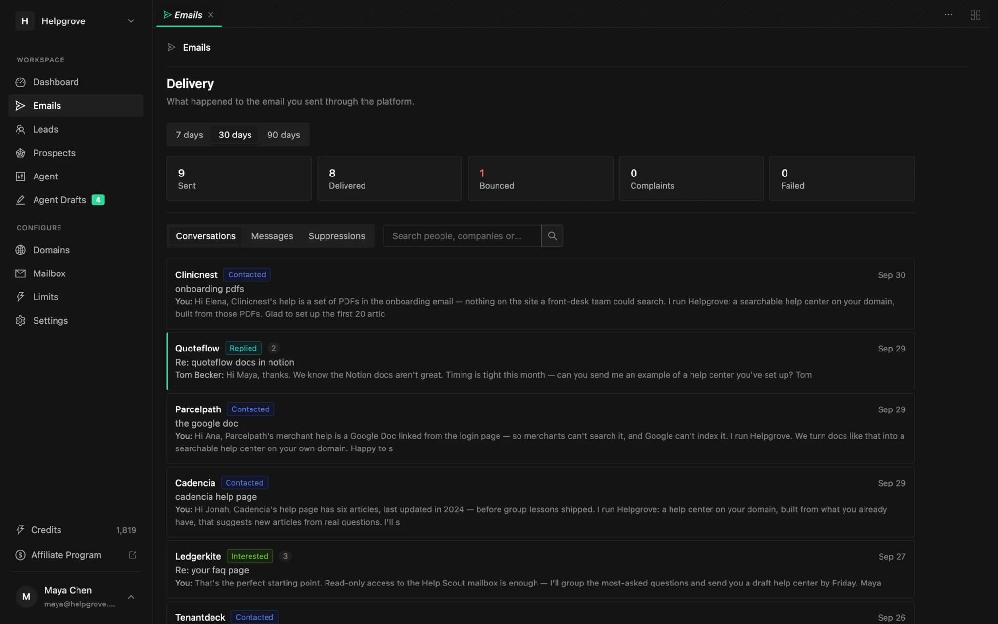 The PineLead Emails page listing conversations, with a reply marked