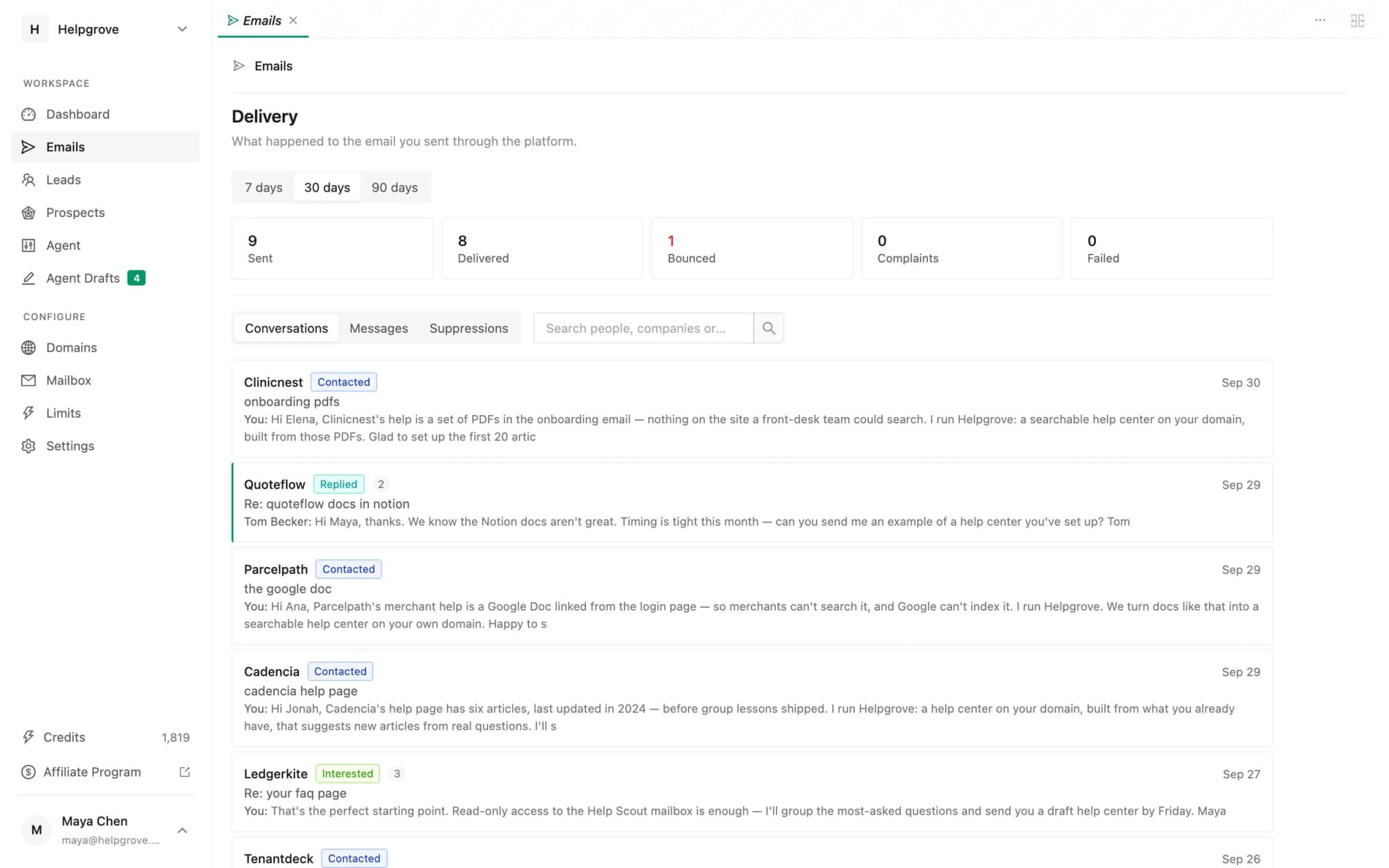 The PineLead Emails page listing conversations, with a reply marked