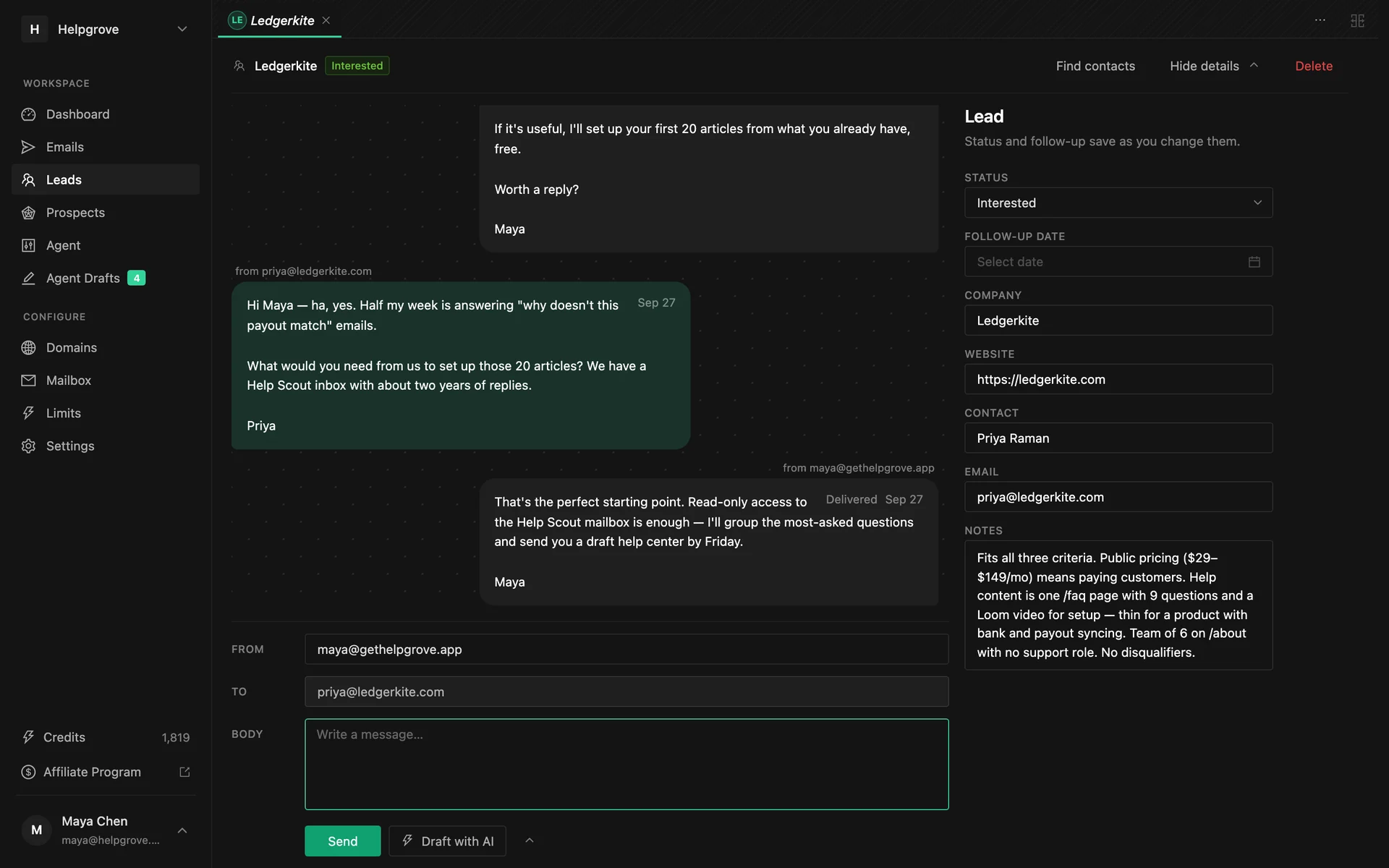A lead thread in PineLead with the prospect’s reply and the answer sent from the same thread