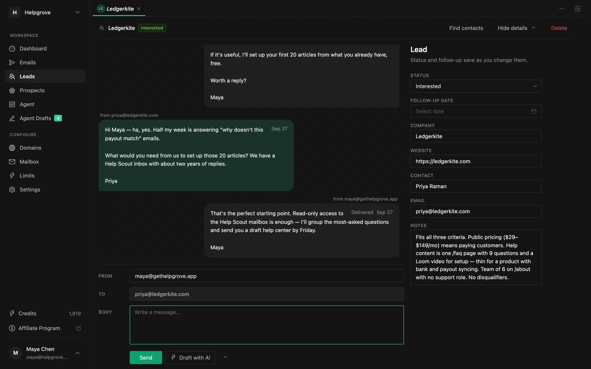 A lead’s thread in PineLead: the prospect’s reply and the answer sent from the same thread