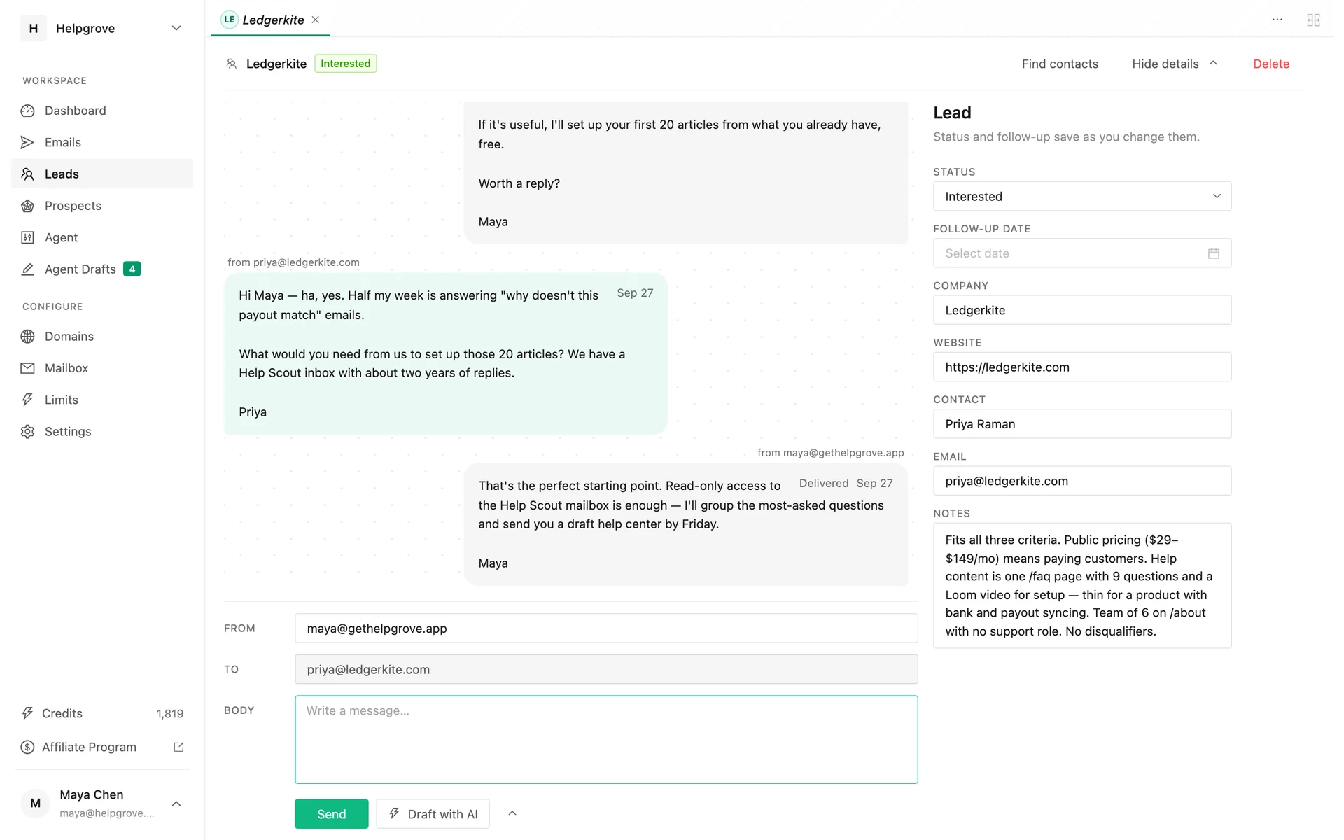 A lead thread in PineLead with the prospect’s reply and the answer sent from the same thread