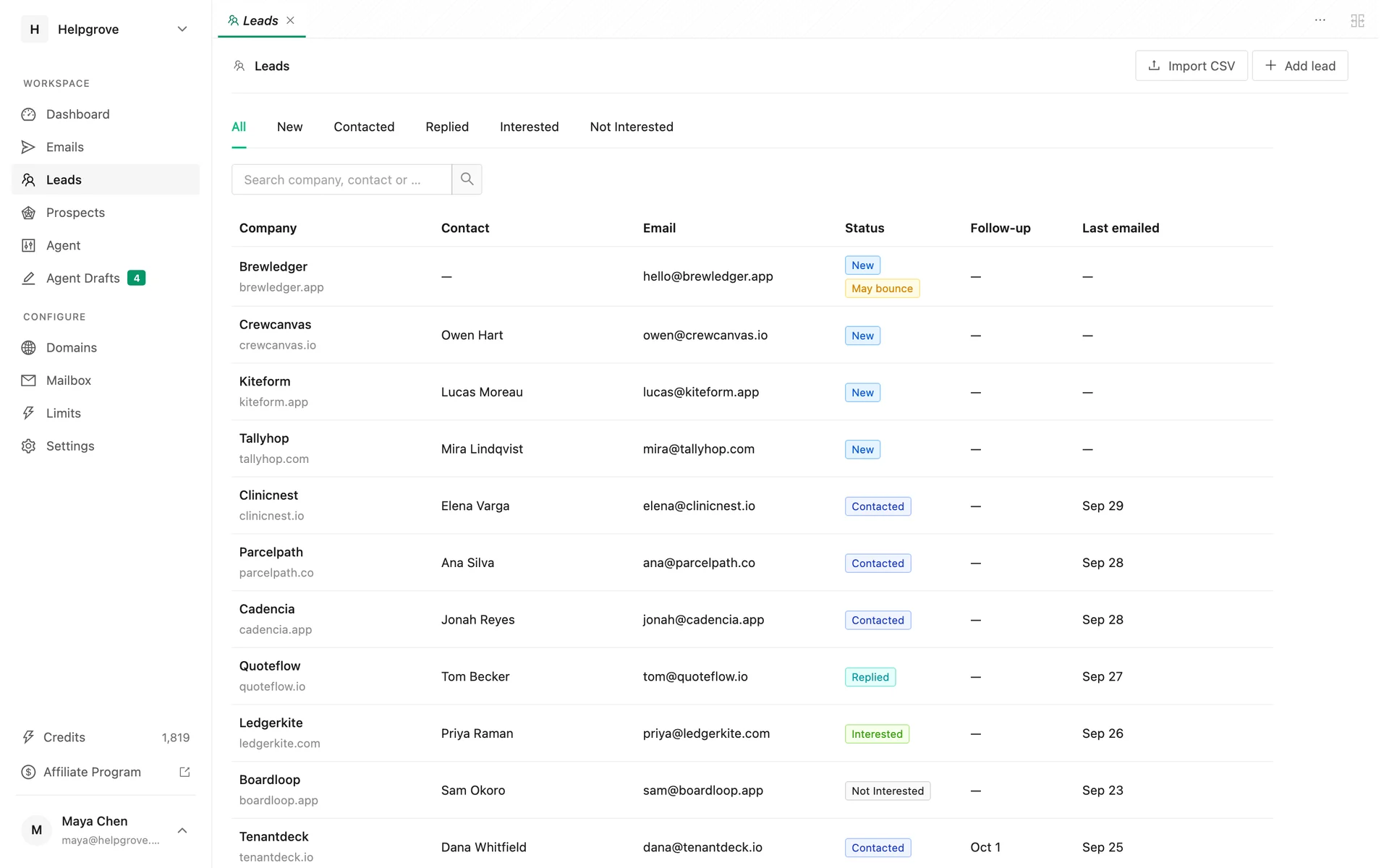The PineLead Leads table with one address flagged May bounce