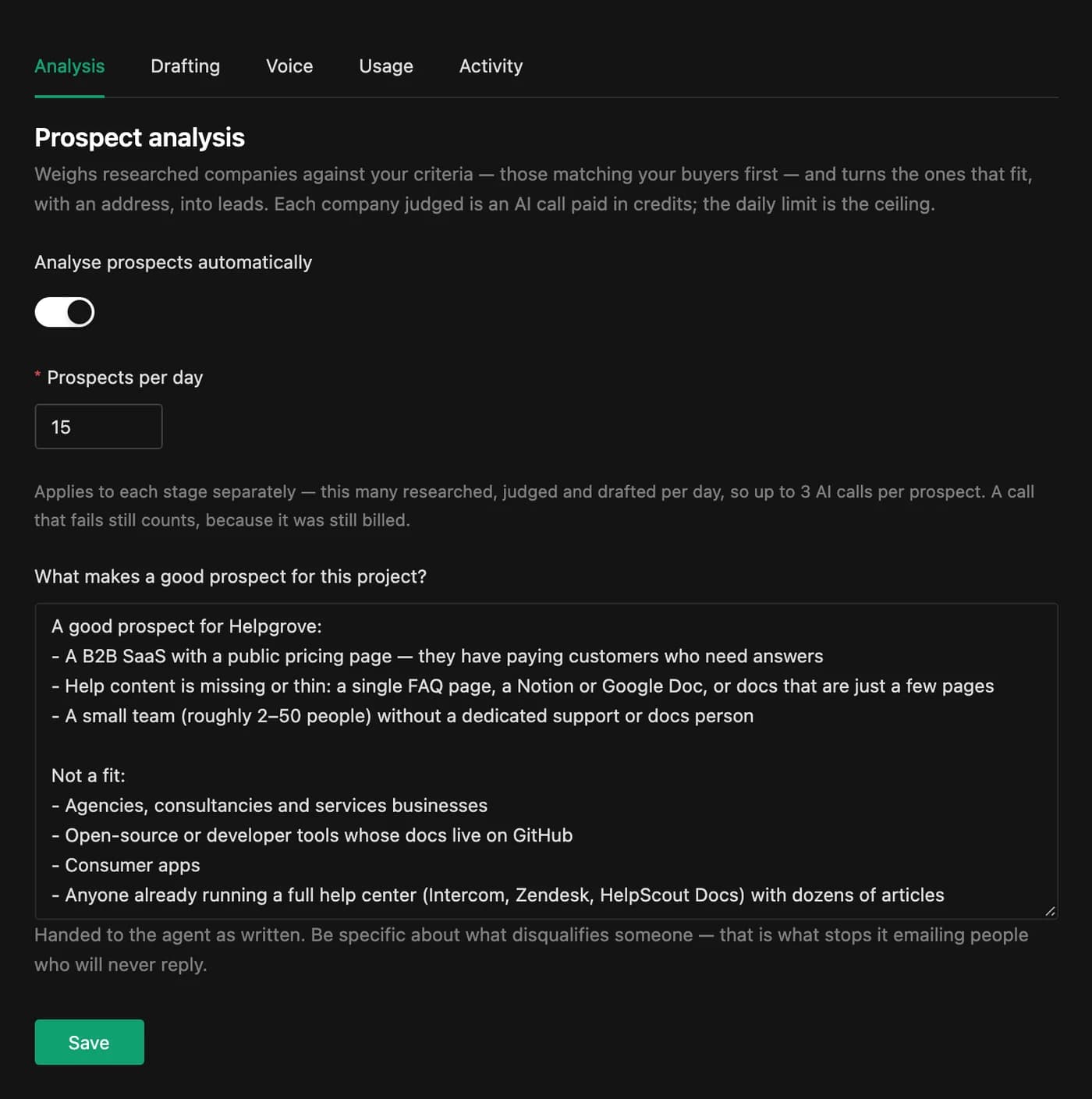 PineLead Limits page, Analysis tab, with qualification criteria written in plain English