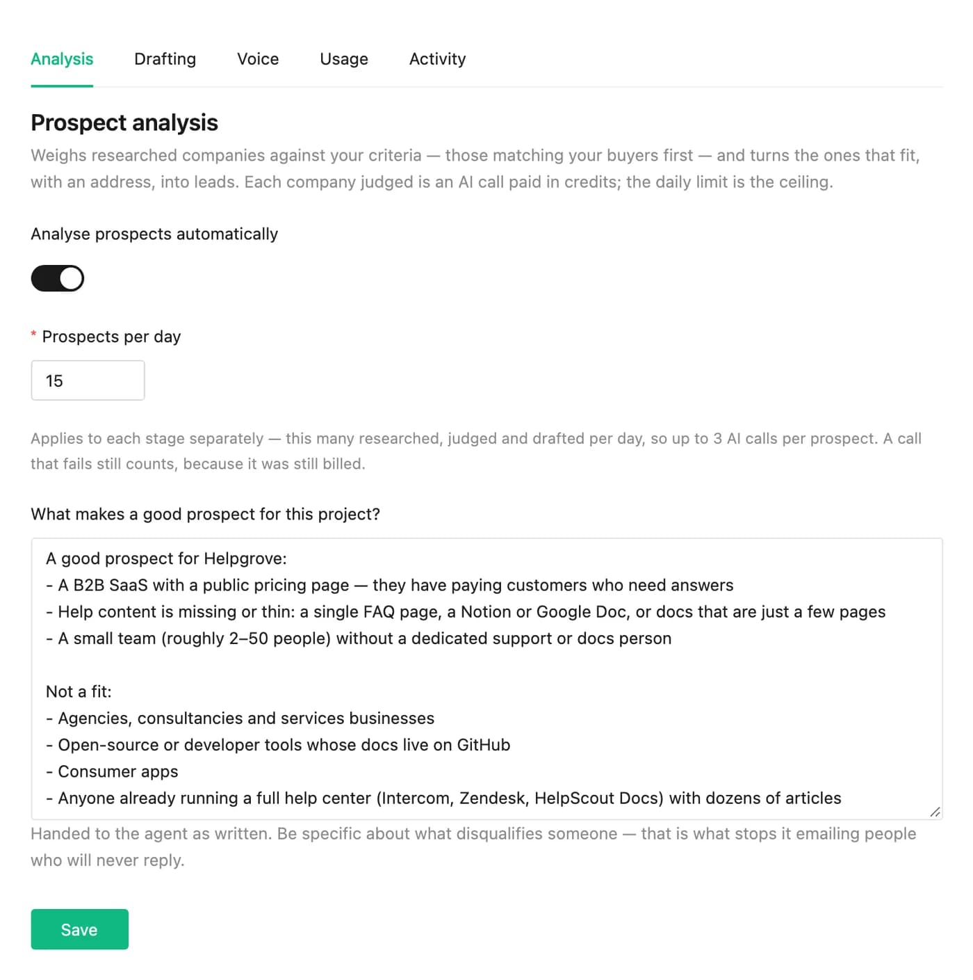 PineLead Limits page, Analysis tab, with qualification criteria written in plain English