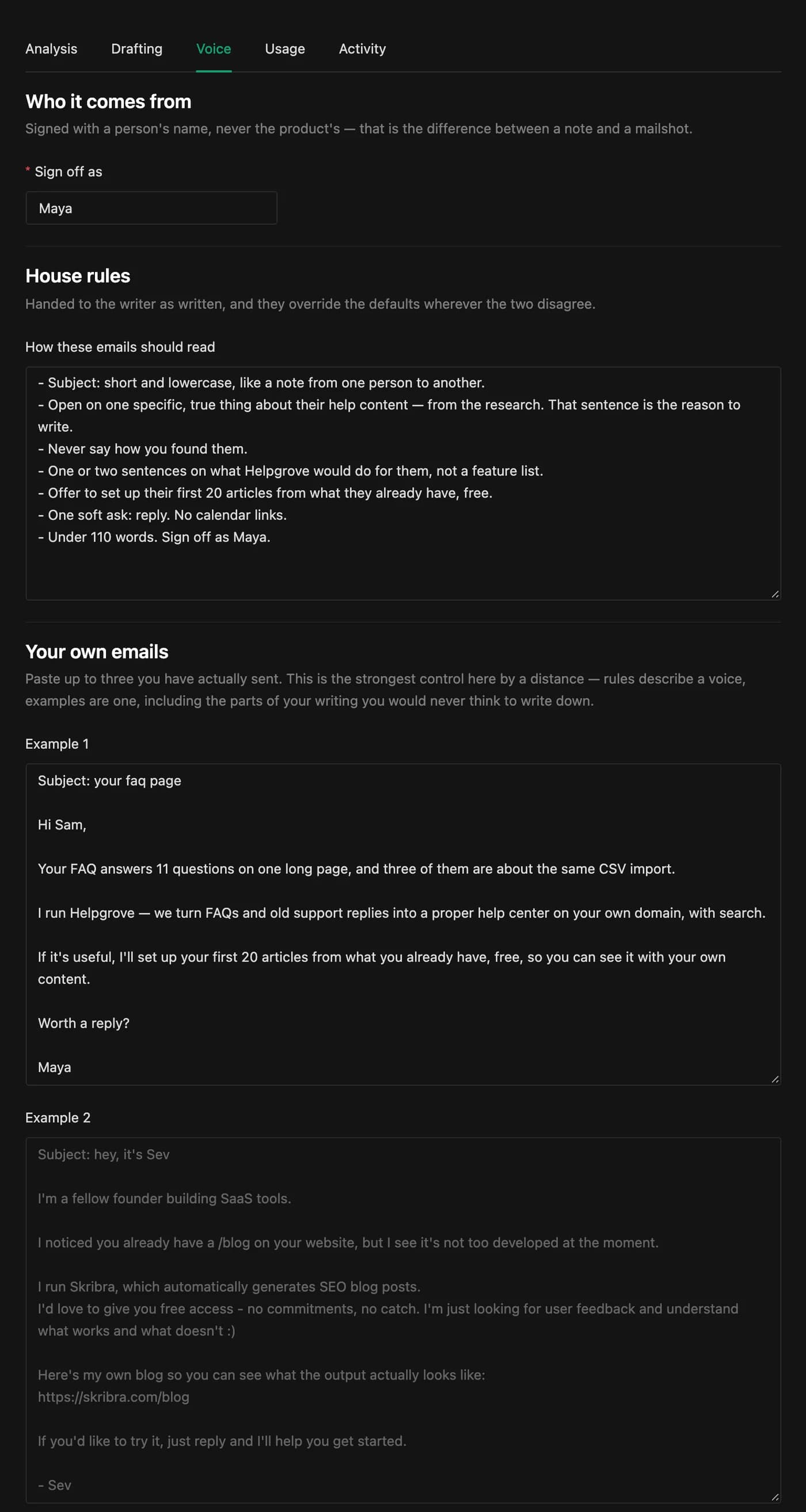 PineLead Voice settings: sign-off name, house rules and an example email