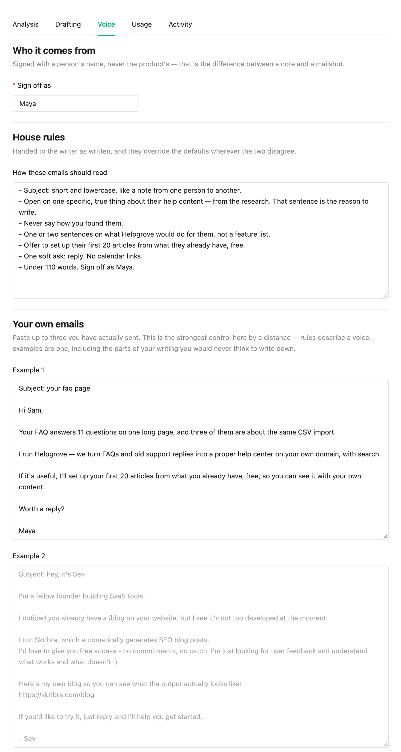 PineLead Voice settings: sign-off name, house rules and an example email