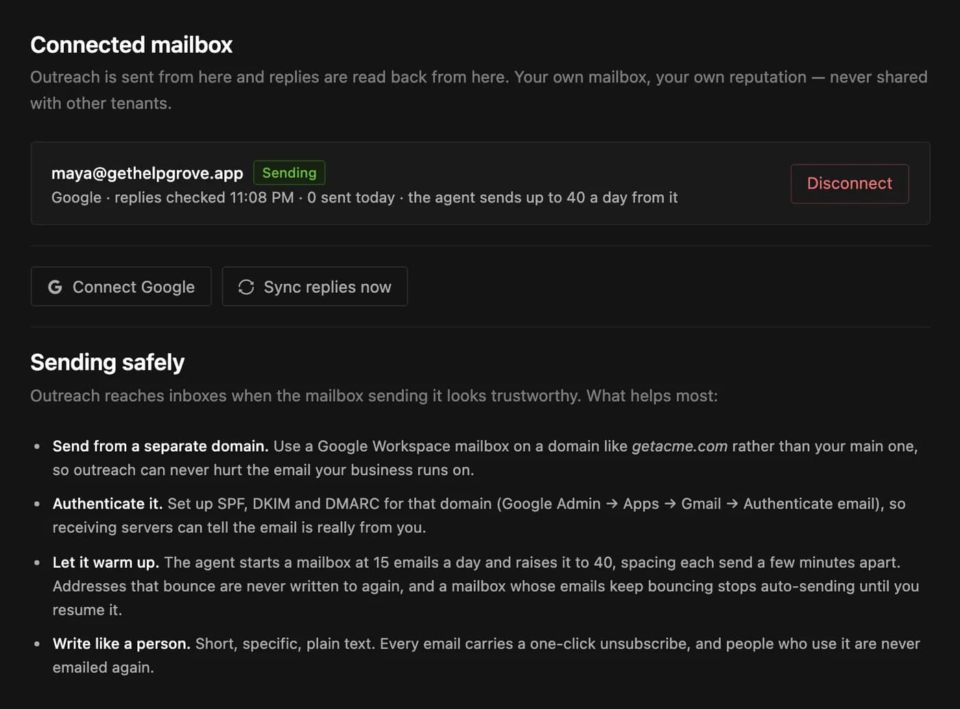 The PineLead Mailbox page with a connected Google mailbox on a separate outreach domain