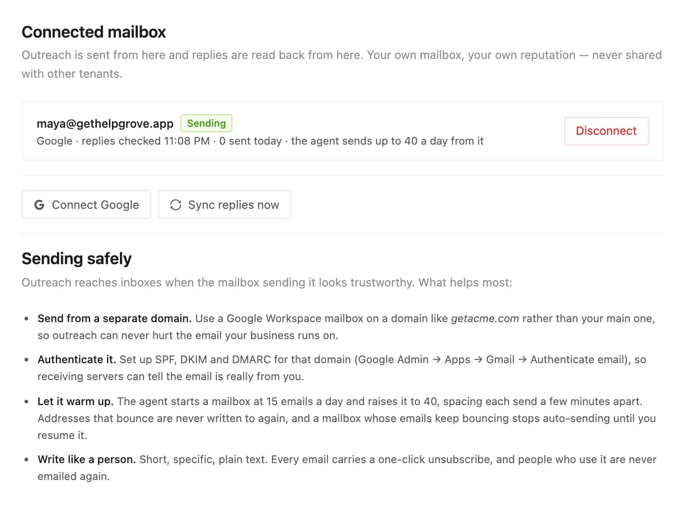 The PineLead Mailbox page with a connected Google mailbox on a separate outreach domain