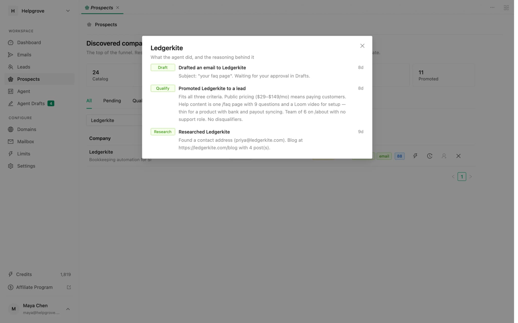 The activity trail for one startup: what research found on its site, the verdict and the draft