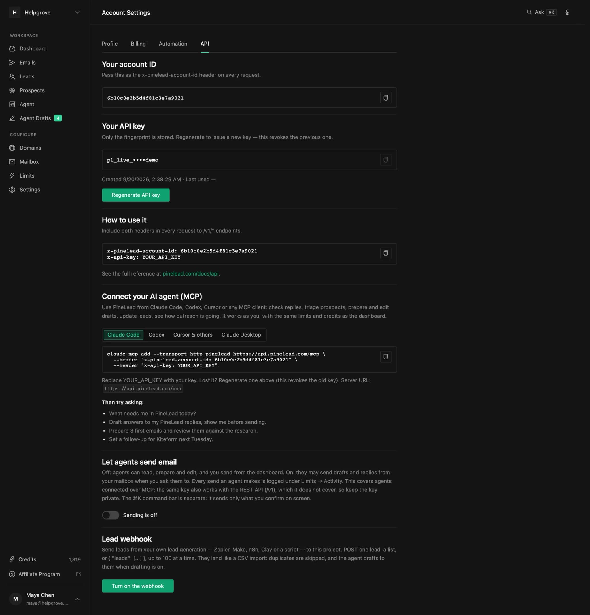PineLead Settings → API with the setup snippet for Claude Code and the switch that lets agents send email