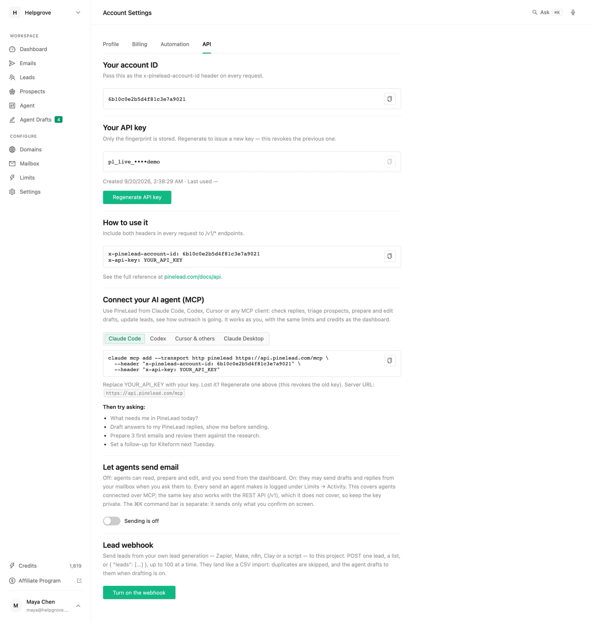 PineLead Settings → API with the setup snippet for Claude Code and the switch that lets agents send email