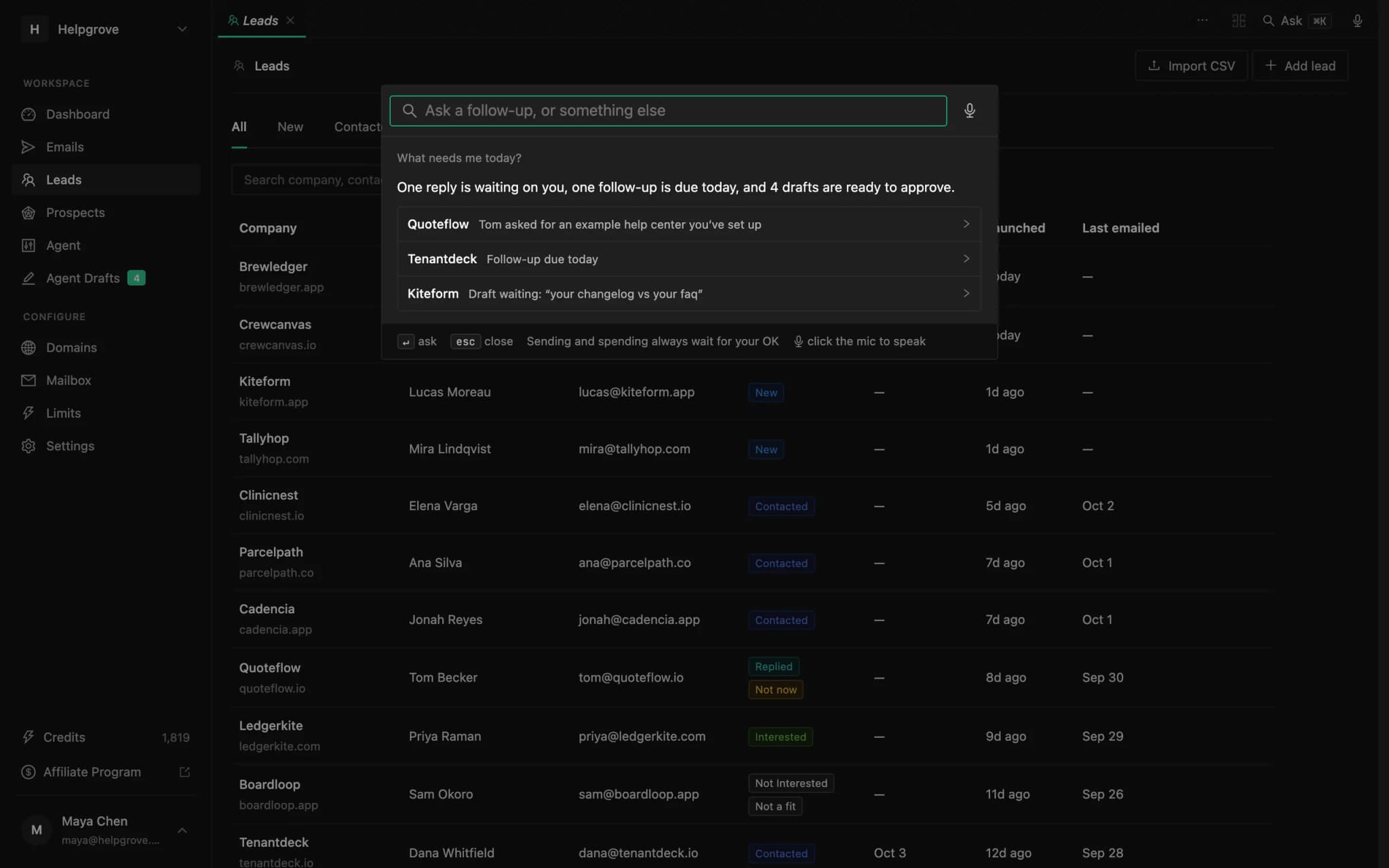 The PineLead command bar answering what needs attention today, with each reply and draft listed