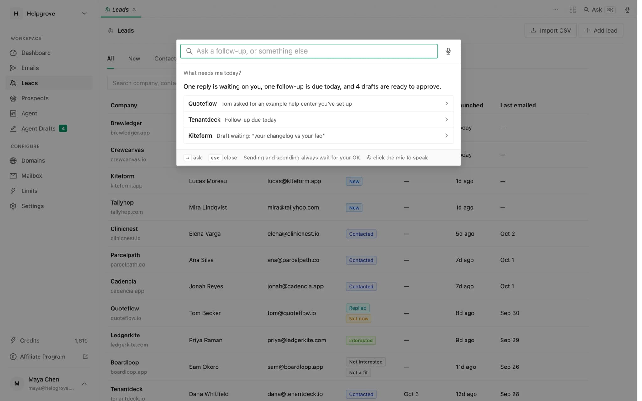 The PineLead command bar answering what needs attention today, with each reply and draft listed