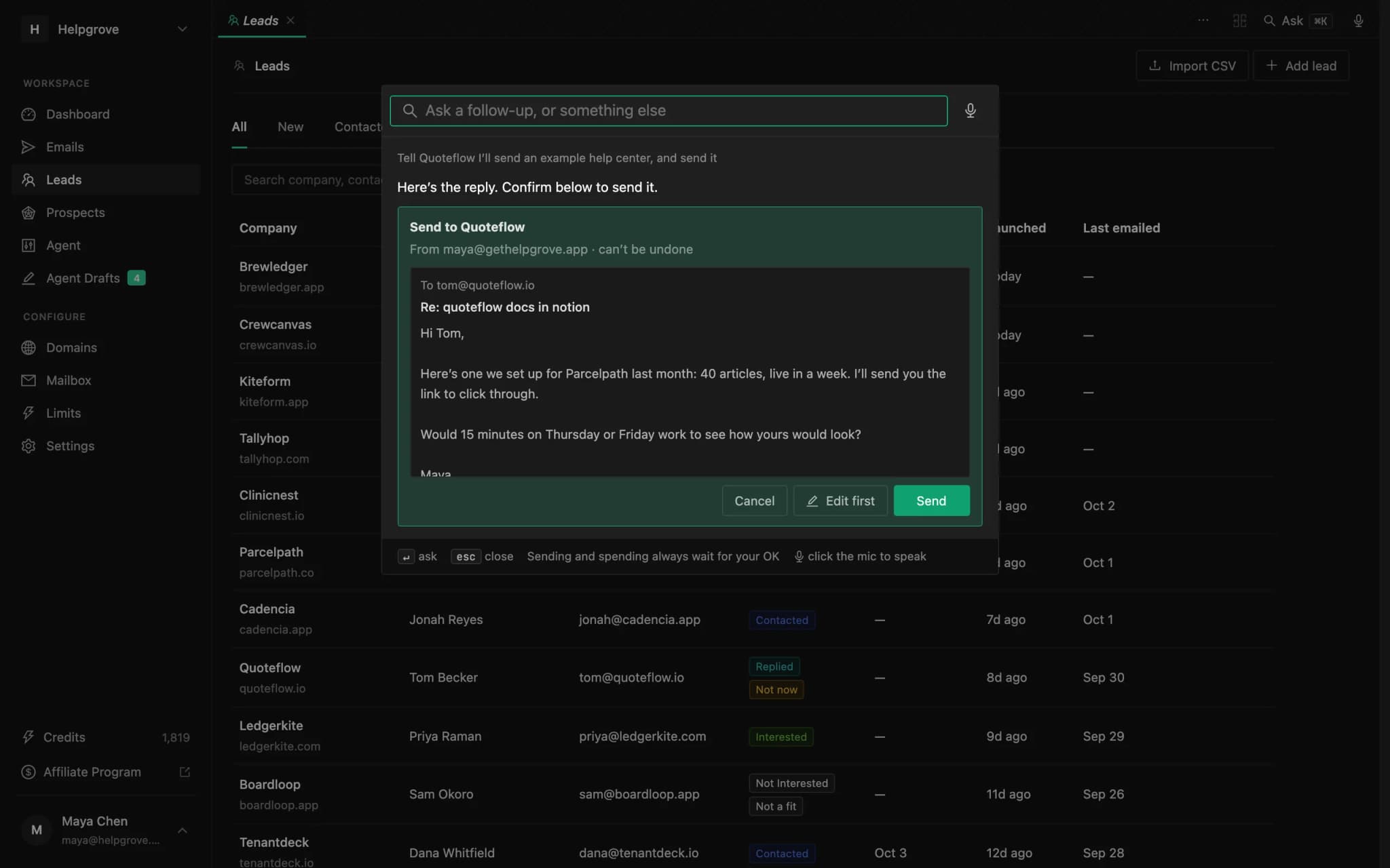 The PineLead command bar showing a reply to Quoteflow as it would be sent, with Cancel, Edit first and Send buttons