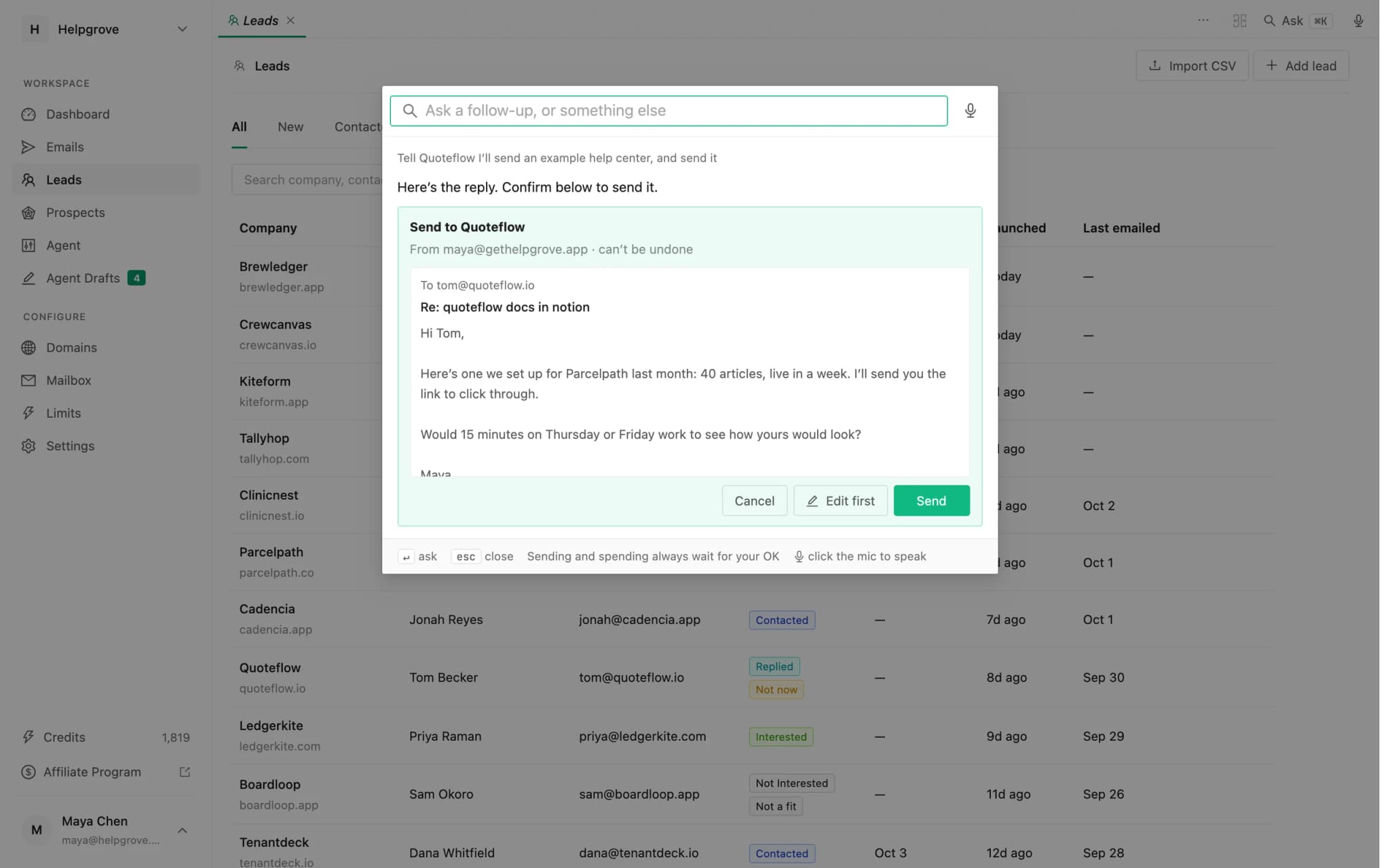 The PineLead command bar showing a reply to Quoteflow as it would be sent, with Cancel, Edit first and Send buttons