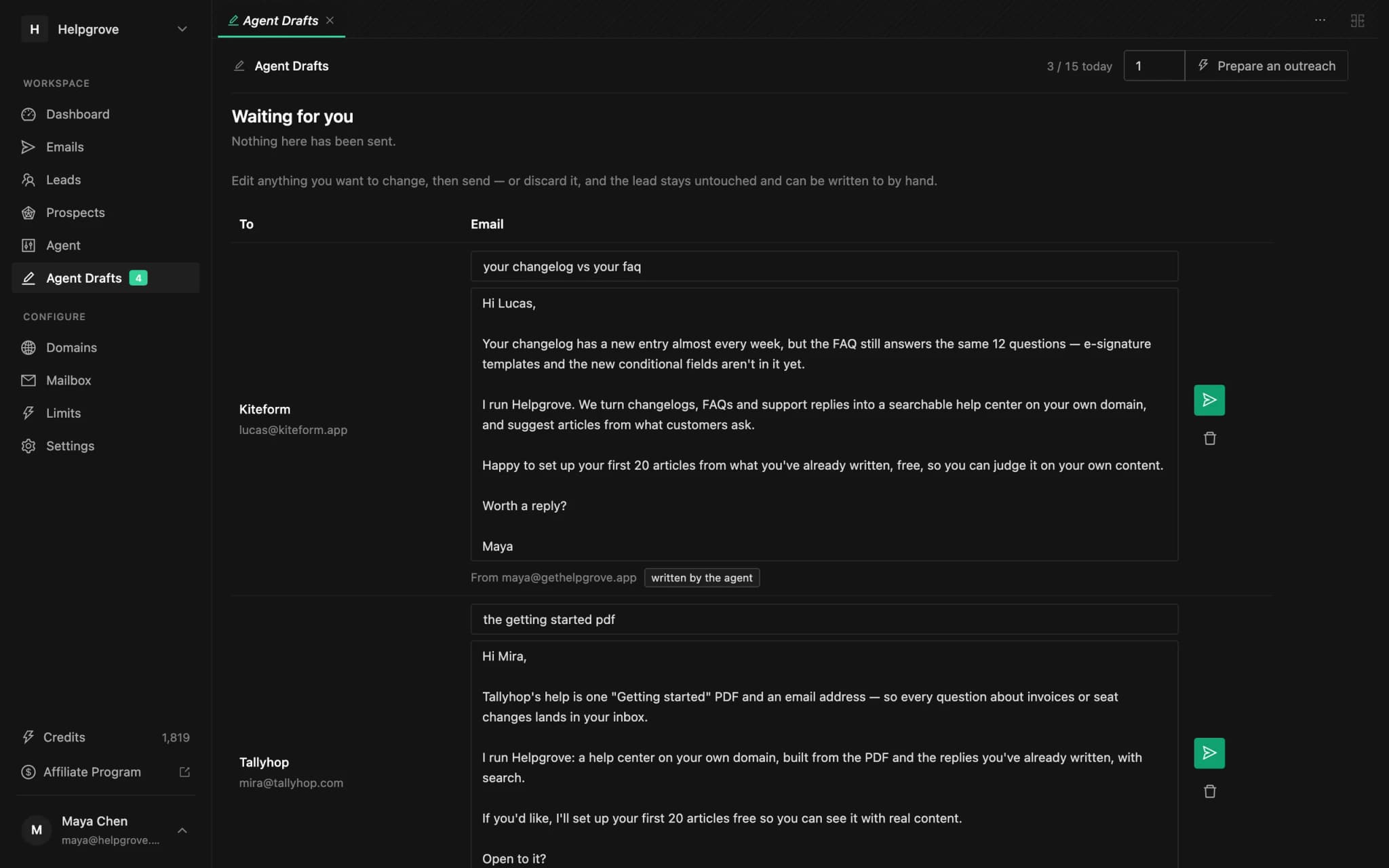 PineLead Agent Drafts with today’s first emails waiting for review