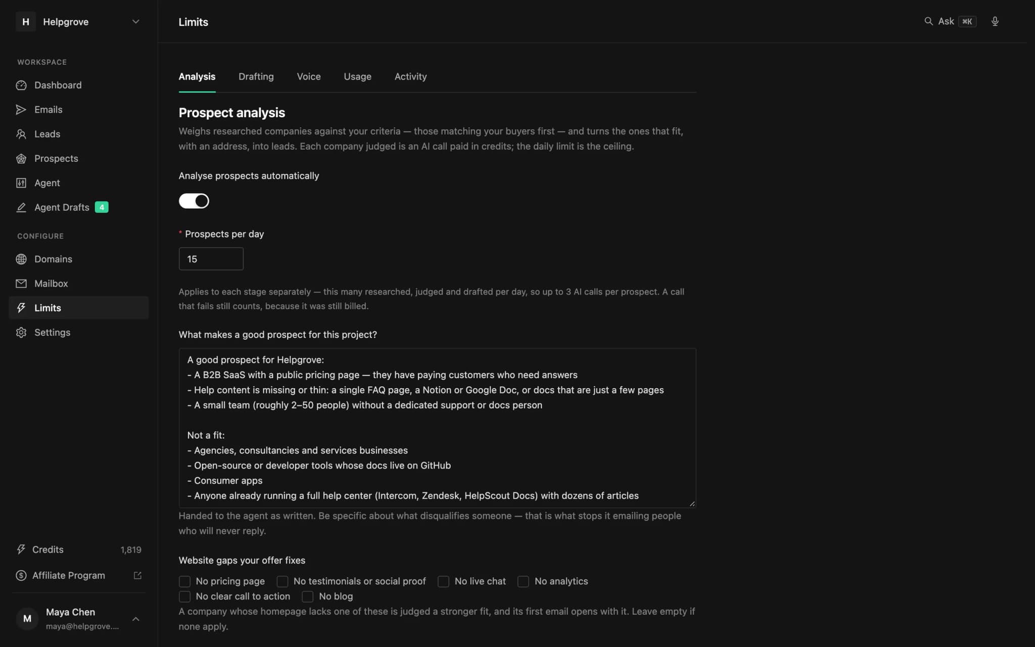 PineLead Limits page with the qualification criteria written in plain English