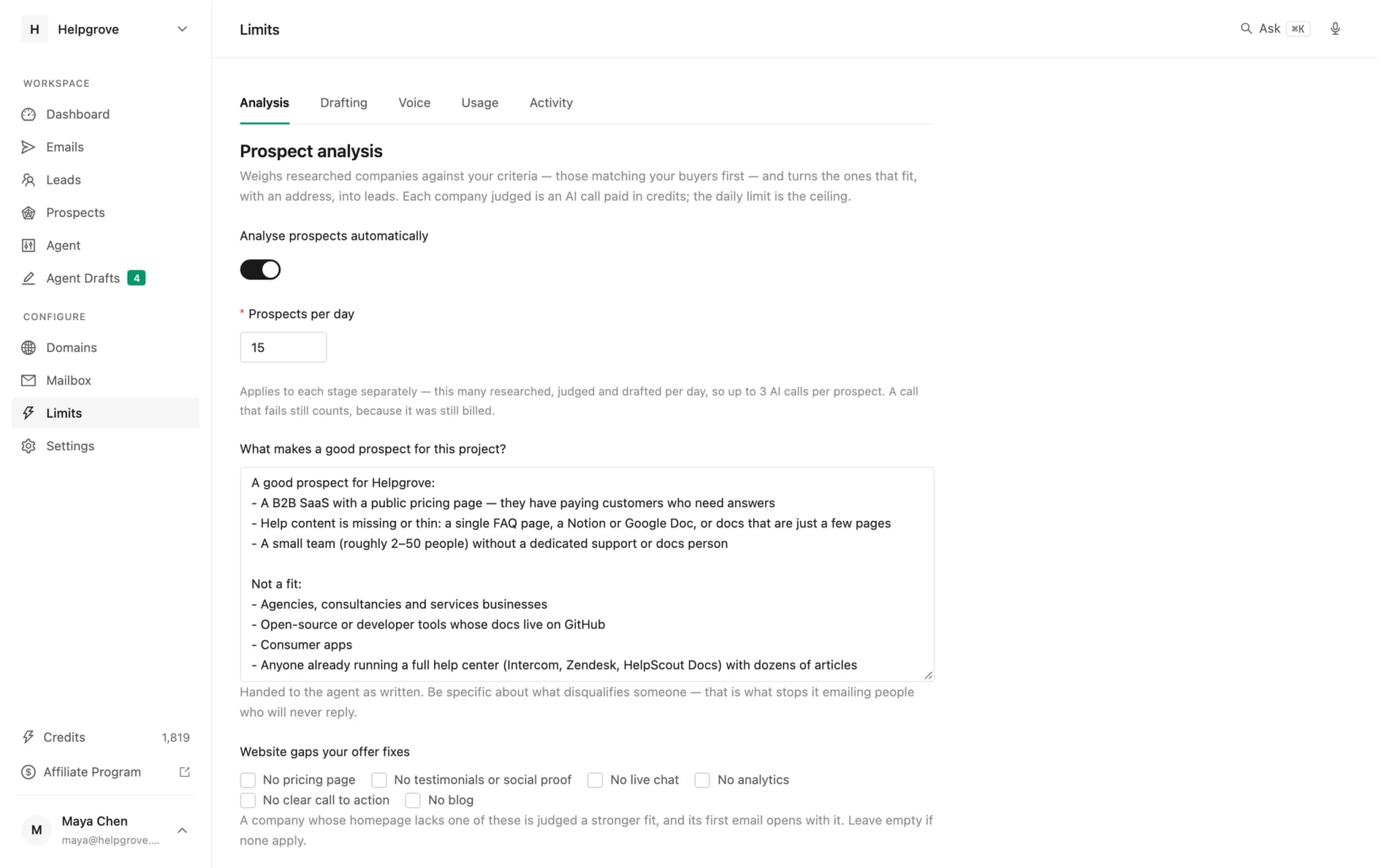 PineLead Limits page with the qualification criteria written in plain English