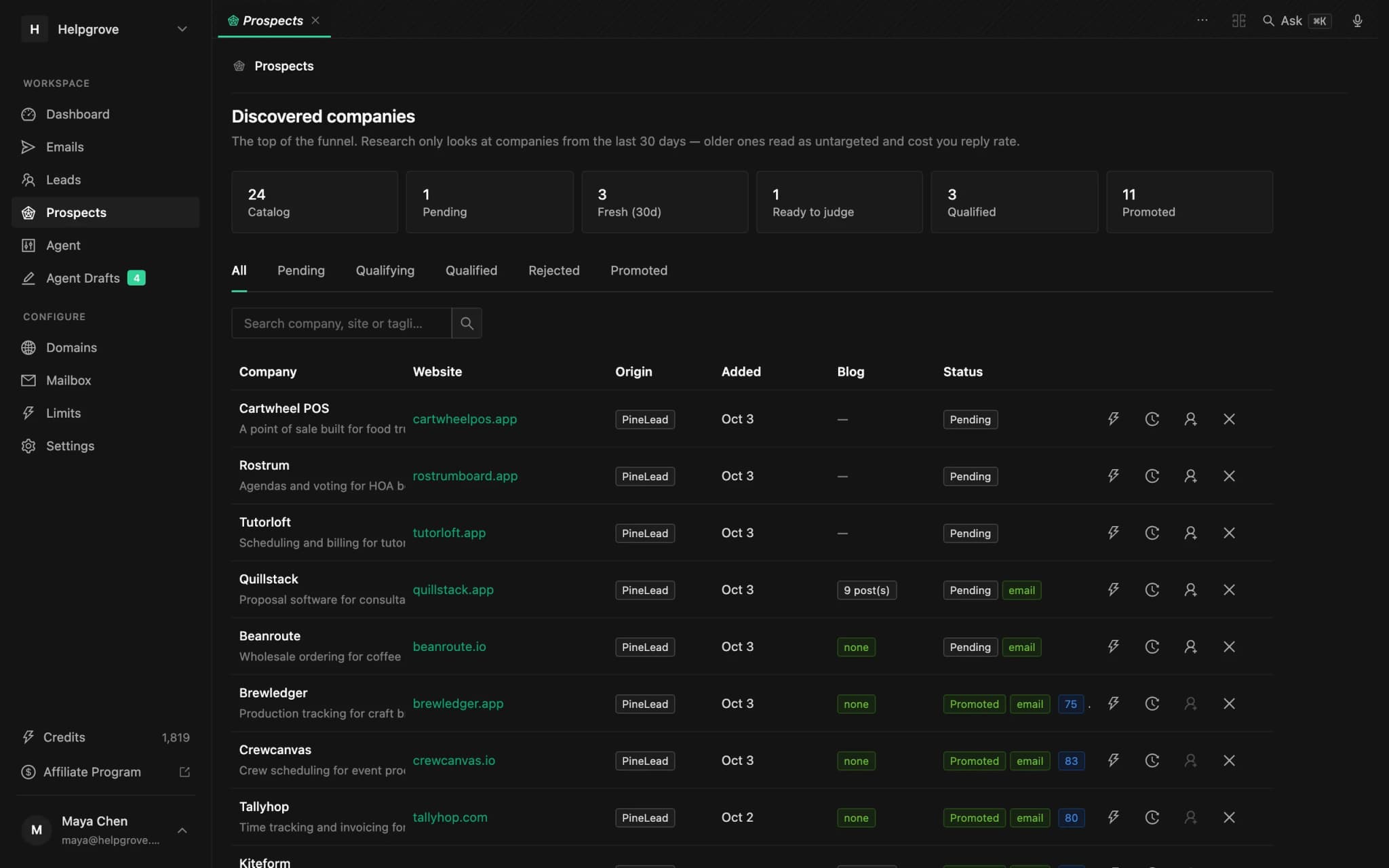 PineLead Prospects page with qualified companies, their scores and the promote and reject actions